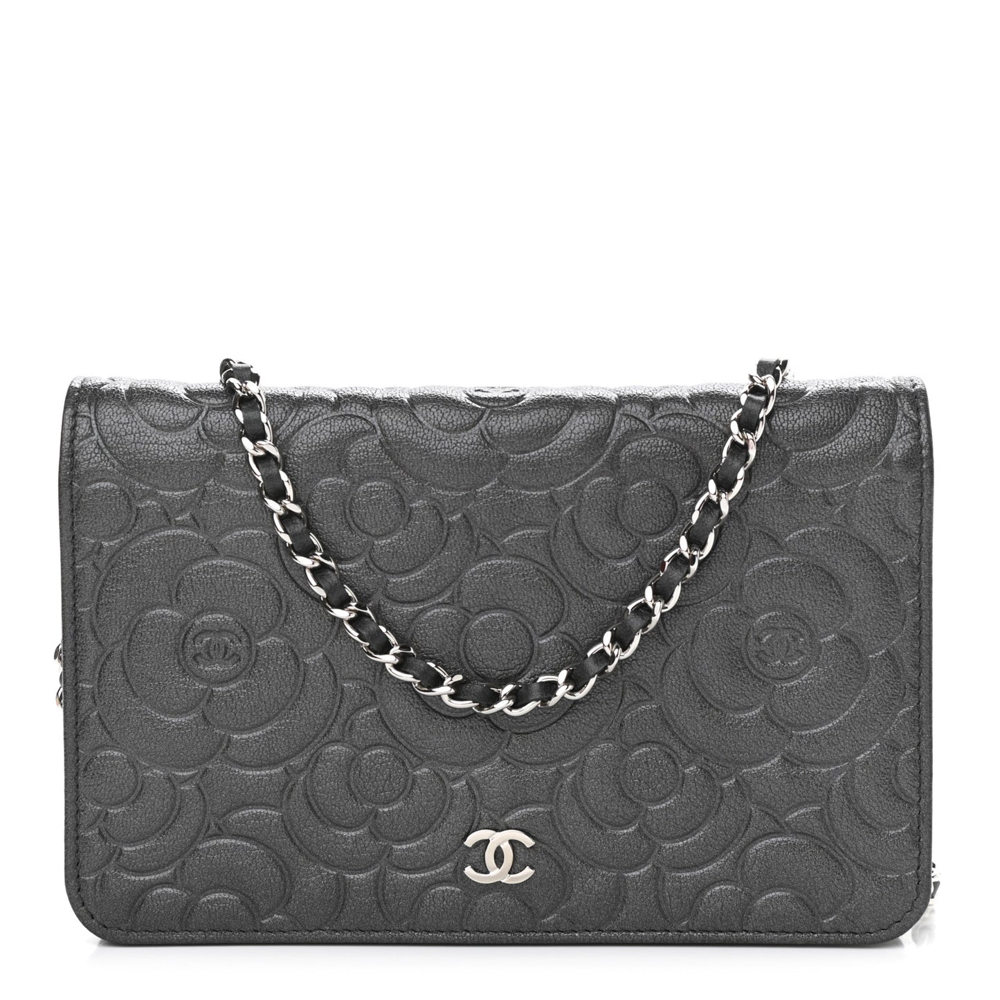 Goatskin Camellia Embossed Wallet On Chain WOC Grey