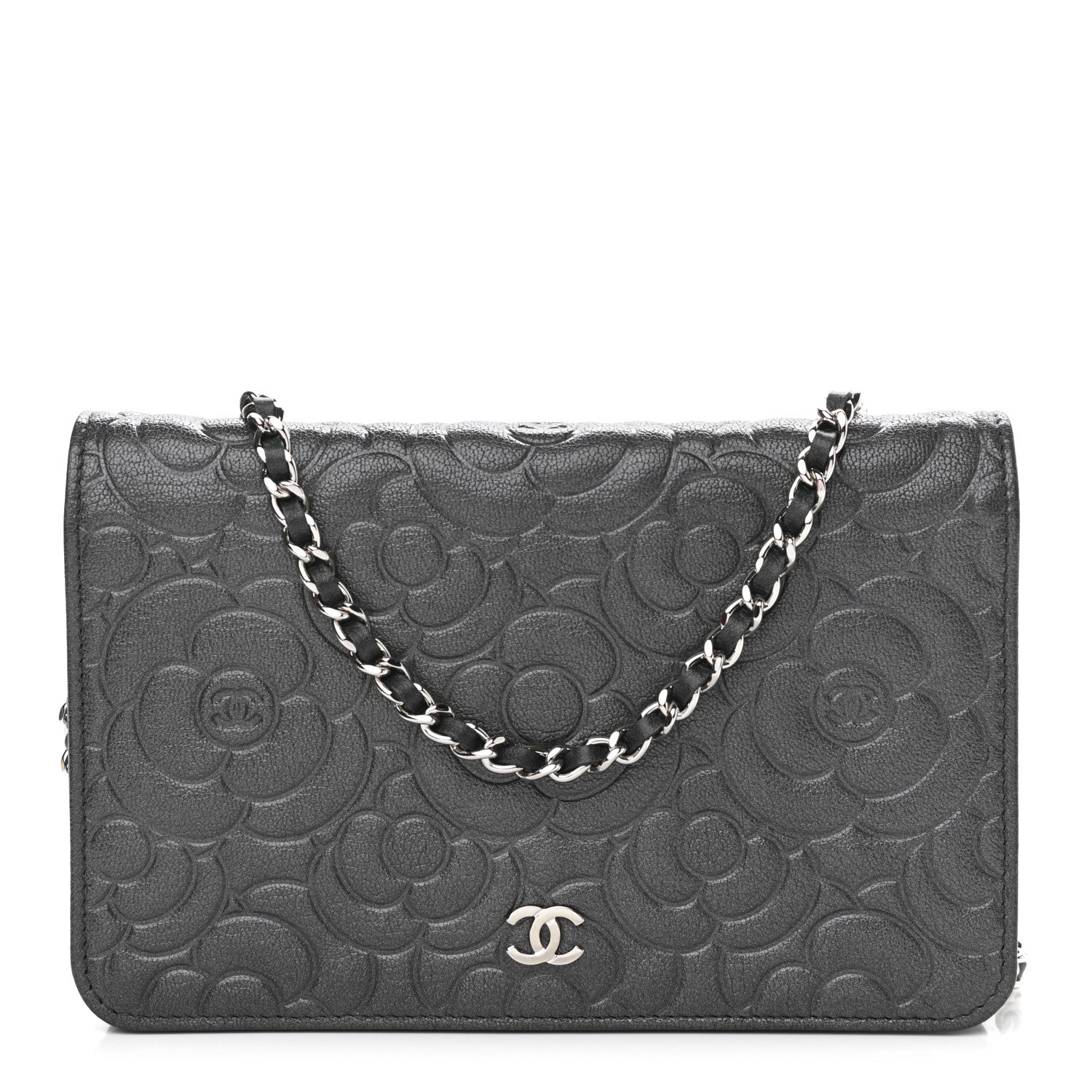 Chanel Goatskin Camellia Embossed Wallet On Chain WOC Grey 1 of 12