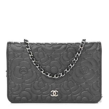 Chanel Goatskin Camellia Embossed Wallet On Chain WOC Grey 1 of 12