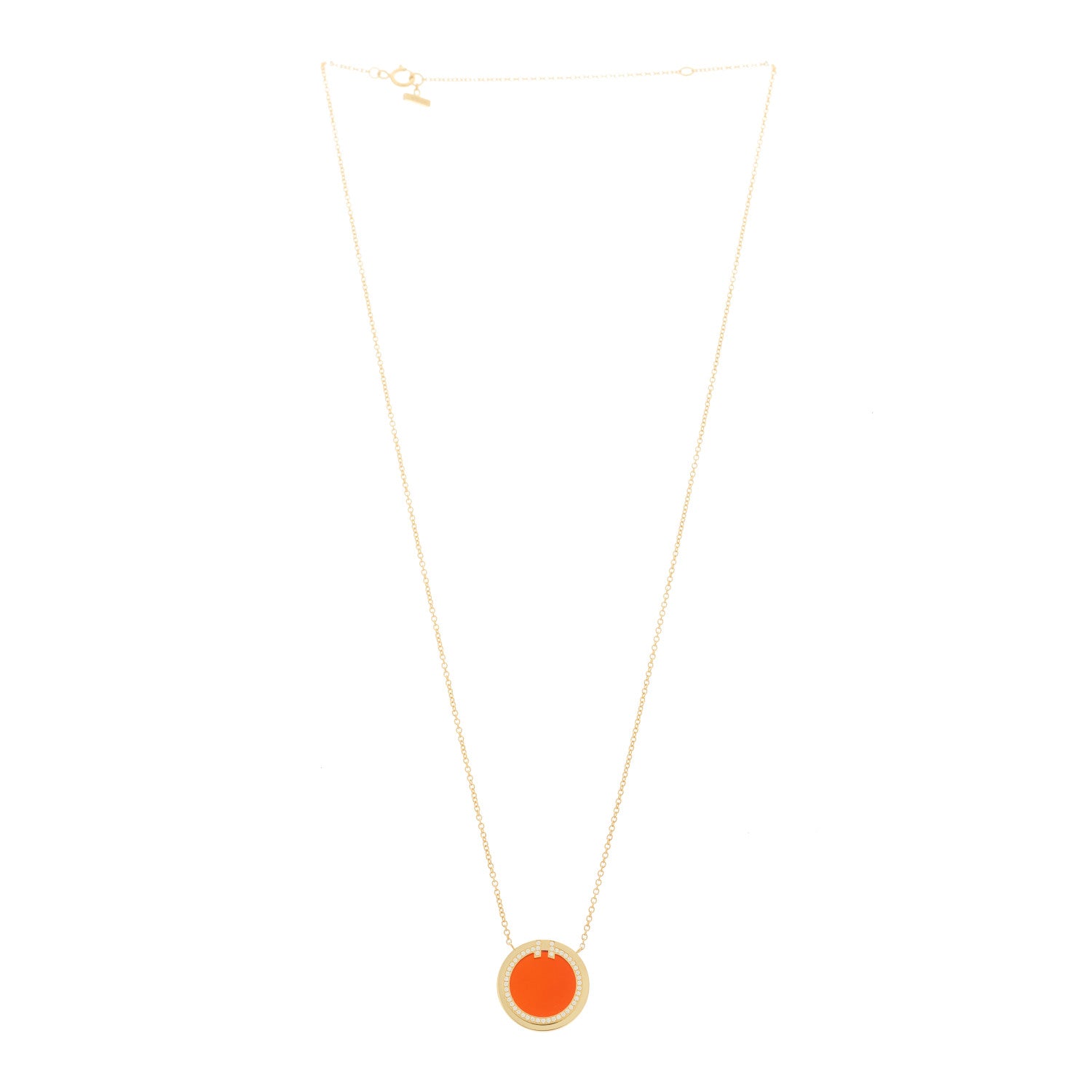 Tiffany 18K Yellow Gold Diamond Carnelian 8mm T Circle Pendant Necklace 3 of 6