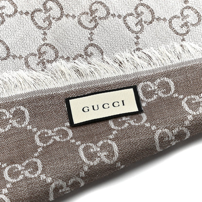 Gucci Wool Silk Monogram GGWeb Fringe Shawl Bitume Ivory 2 of 3