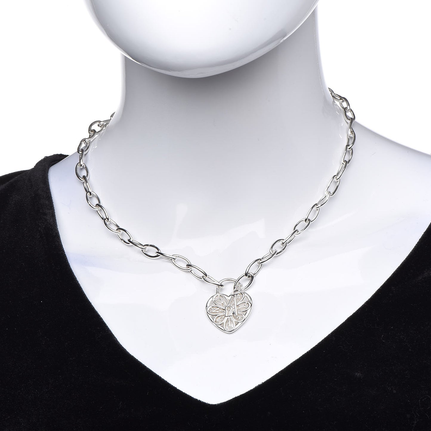 Sterling Silver Filigree Heart Key Pendant Link Necklace