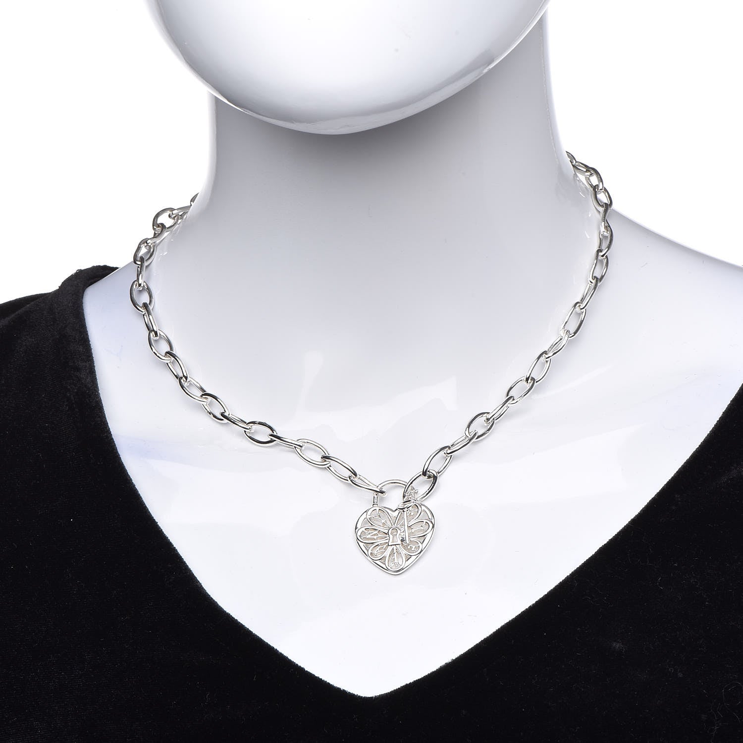 Tiffany Sterling Silver Filigree Heart Key Pendant Link Necklace 2 of 6
