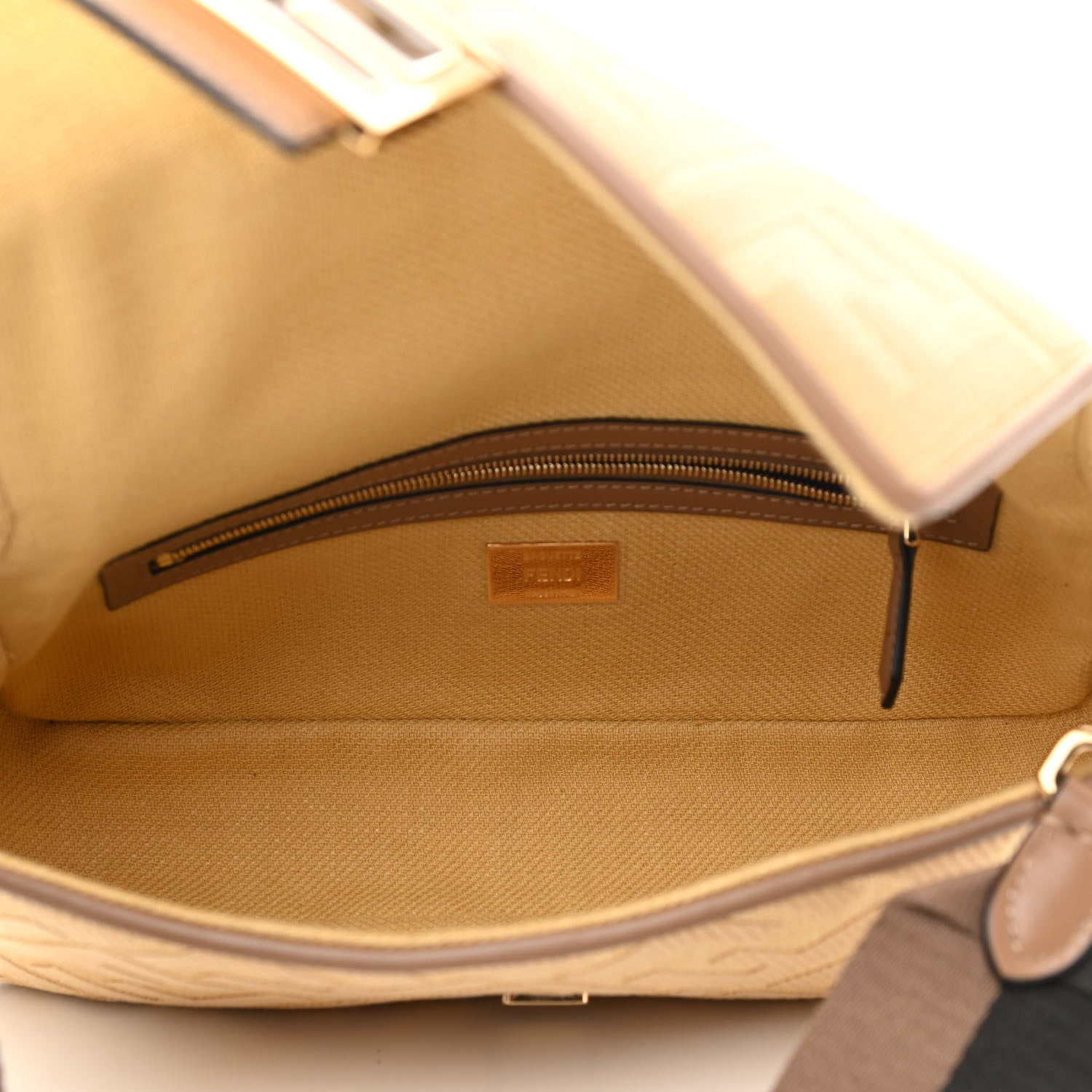 Fendi Raffia Vitello King Lucido FF Embroidered Baguette Grano Sand 5 of 10