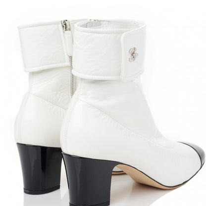 Chanel Crumpled Patent Lambskin Cap Toe CC Turnlock Ankle Boots 40 White Black 4 of 8