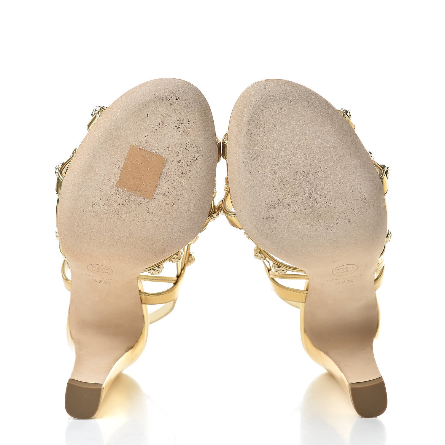 Chanel Mirror Calfskin Camellia Sandals 37.5 Gold 5 of 12
