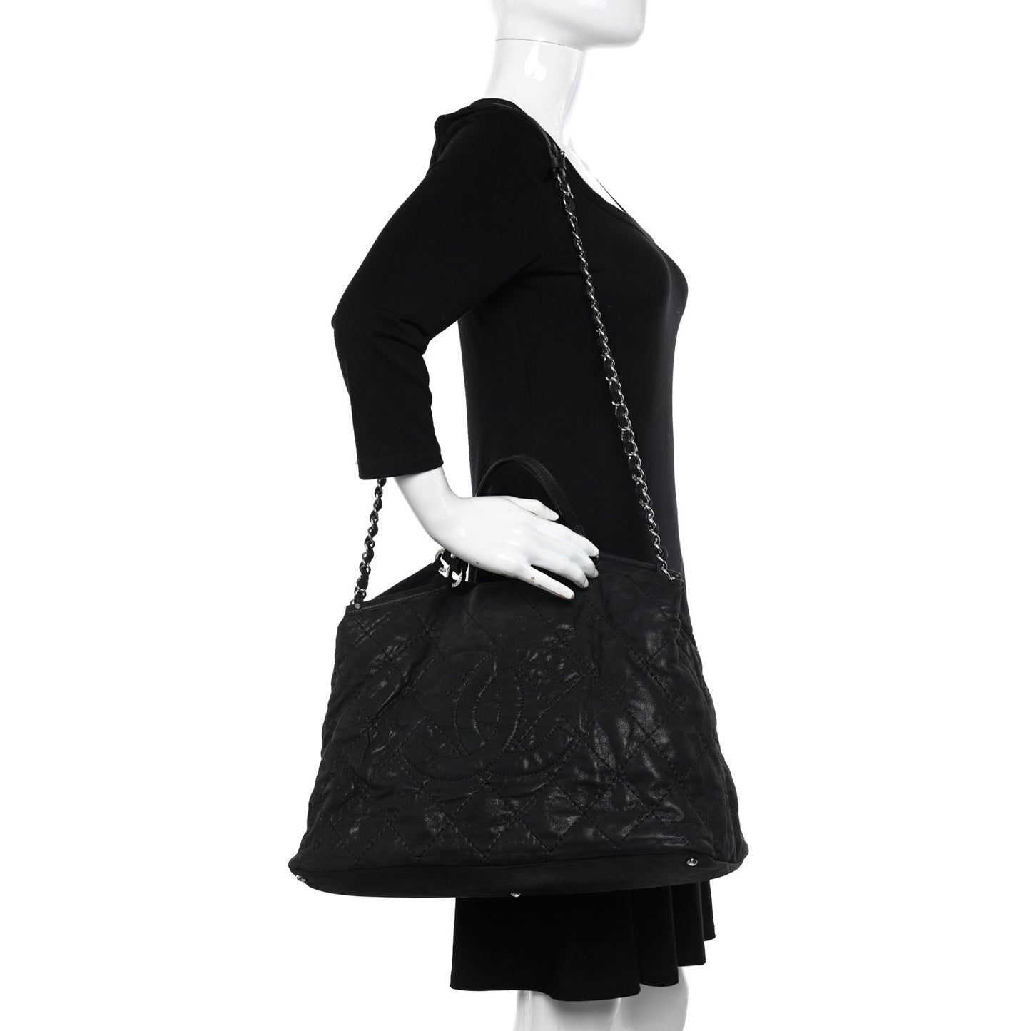 Iridescent Calfskin Stitched CC Shopping Tote Black