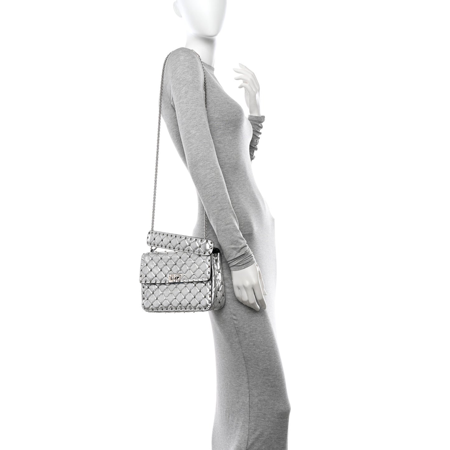 Metallic Nappa Medium Rockstud Spike Shoulder Bag Silver