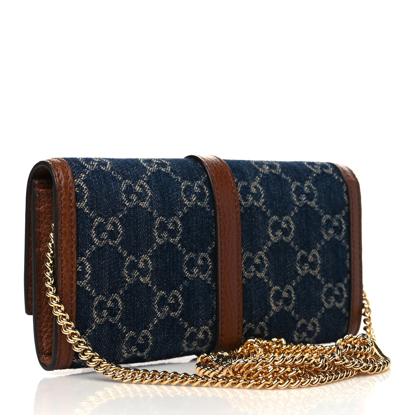 New Denim GG Monogram Jackie 1961 Chain Wallet Blue Tea Cuir