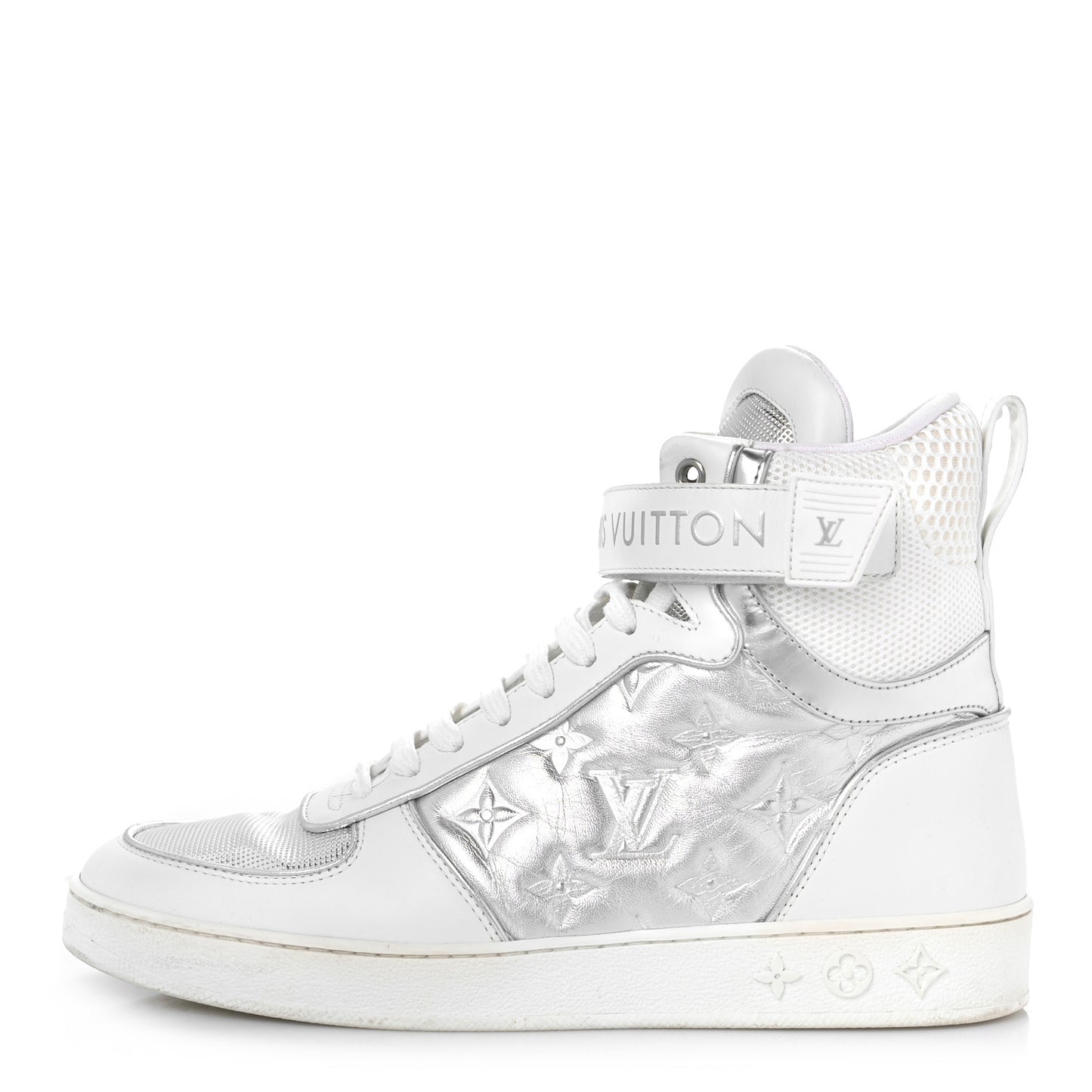Metallic Calfskin Embossed Monogram Boombox Sneakers 38 White Silver