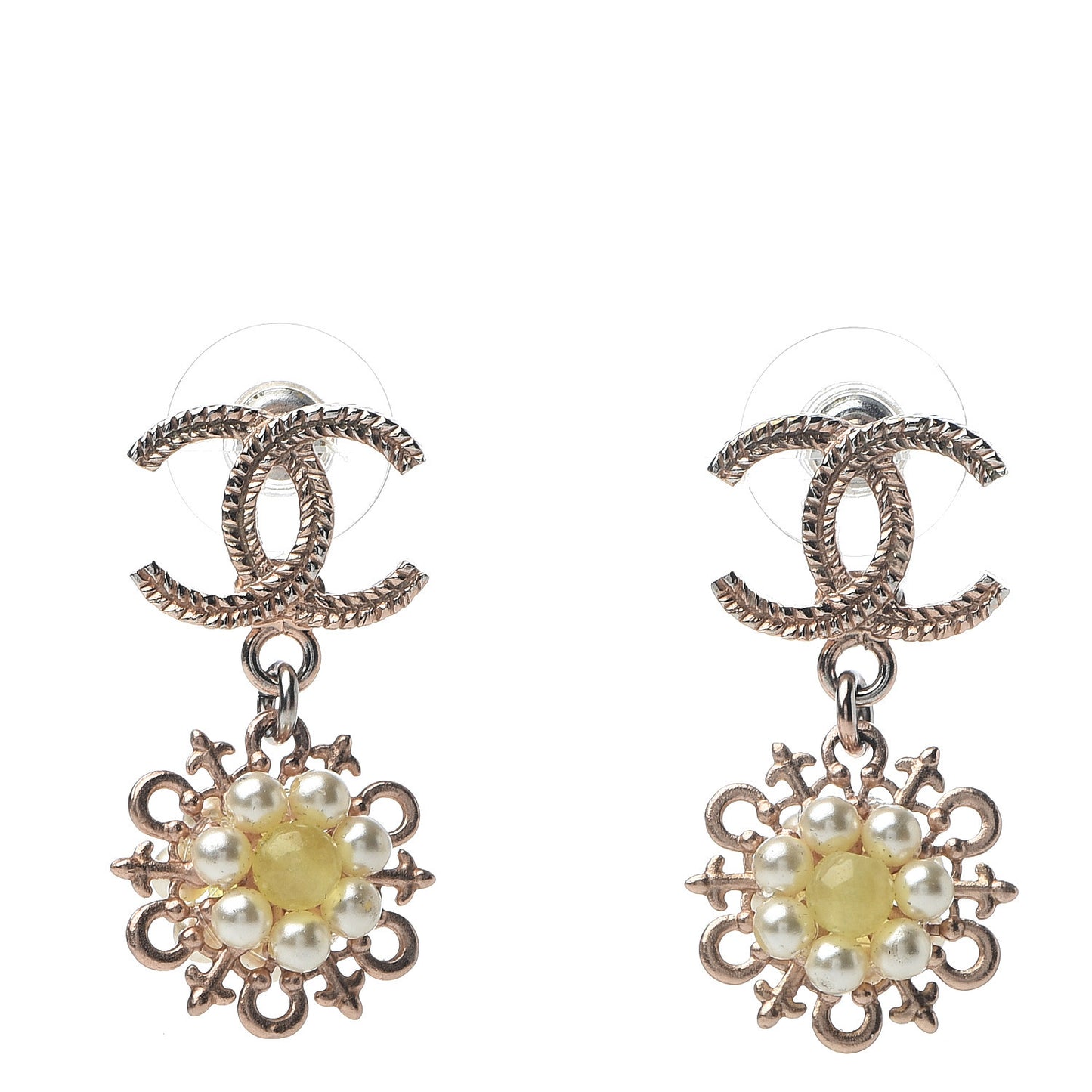 Resin Crystal CC Camellia Drop Earrings Gold Beige