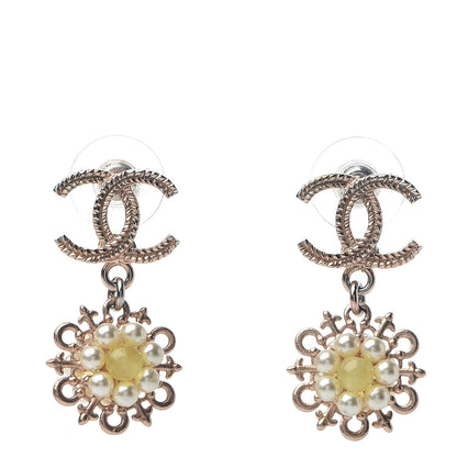 Chanel Resin Crystal CC Camellia Drop Earrings Gold Beige 1 of 4