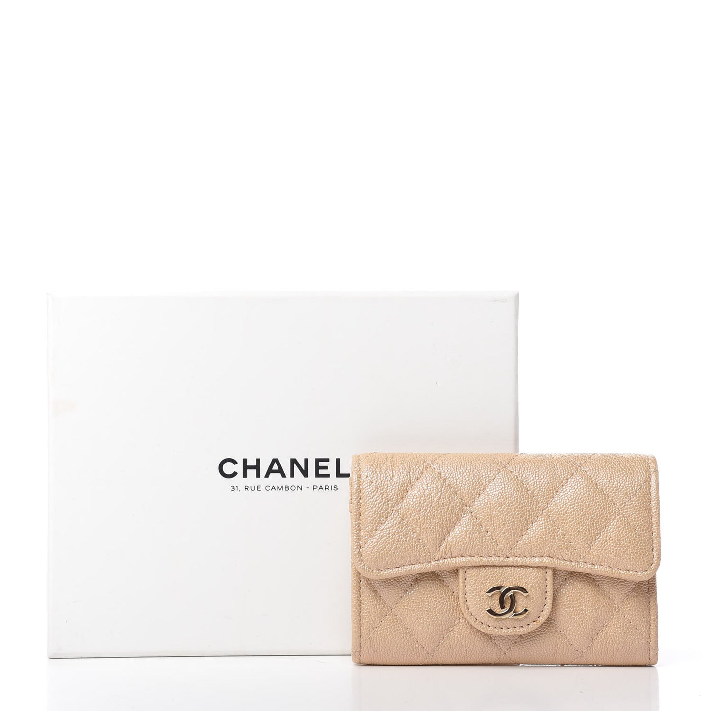 Iridescent Caviar Quilted Flap Card Holder Beige