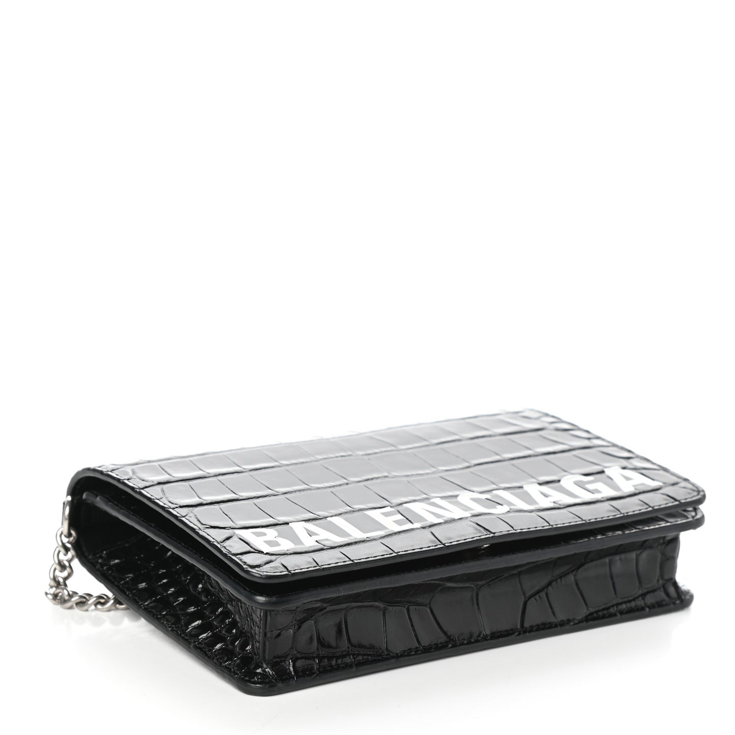 Shiny Calfskin Logo Crocodile Embossed Ville Wallet on Chain Black