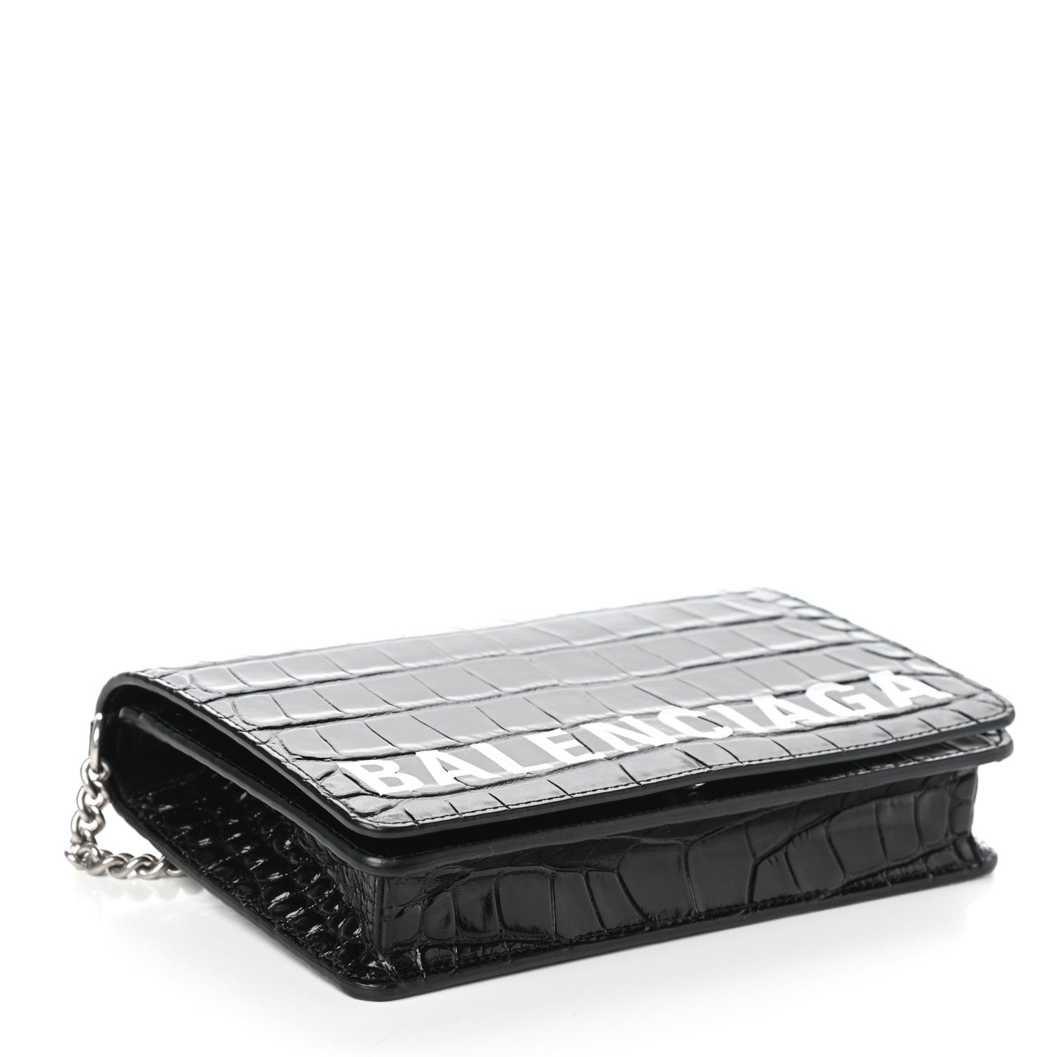 Balenciaga Shiny Calfskin Logo Crocodile Embossed Ville Wallet on Chain Black 4 of 9