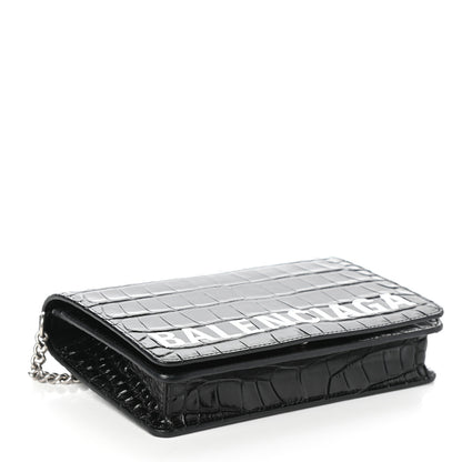 Balenciaga Shiny Calfskin Logo Crocodile Embossed Ville Wallet on Chain Black 4 of 9
