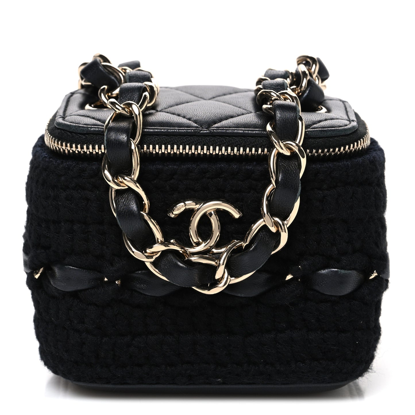 Lambskin Crochet Quilted Mini Vanity Case With Chain Black