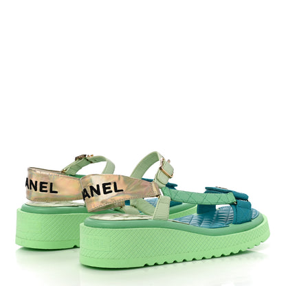 Chanel Lambskin Logo Platform Sandals 39 Turquoise Green Gold 3 of 10