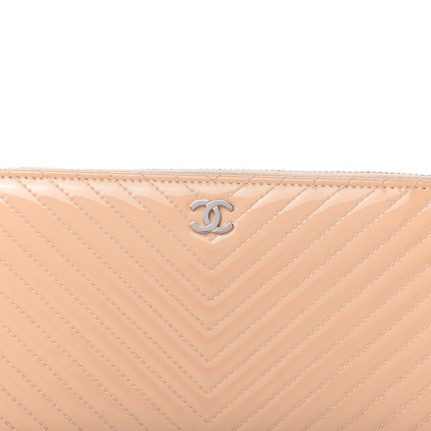 Patent Chevron Quilted Zip Around Wallet Beige