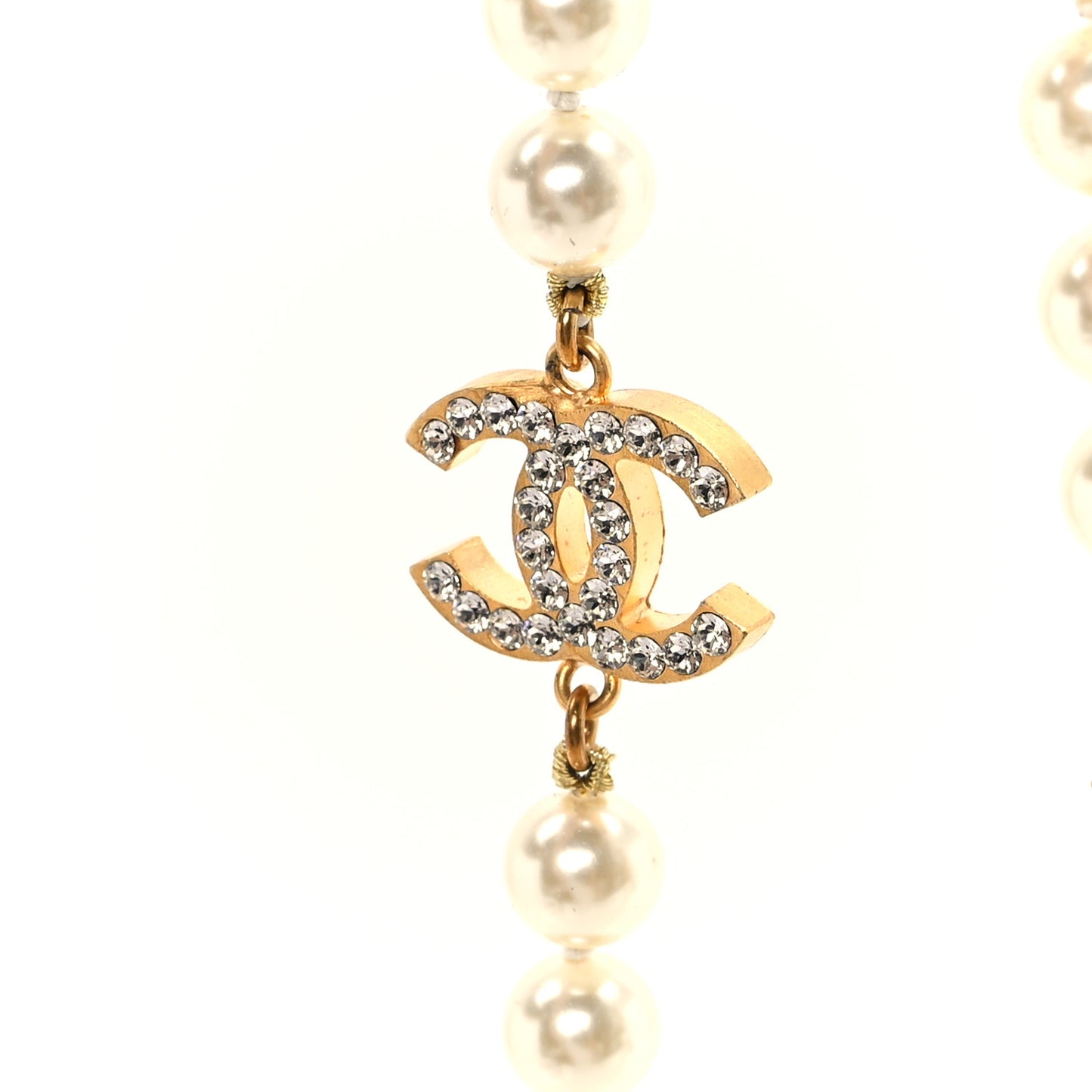 Crystal Pearl CC Long Necklace Gold