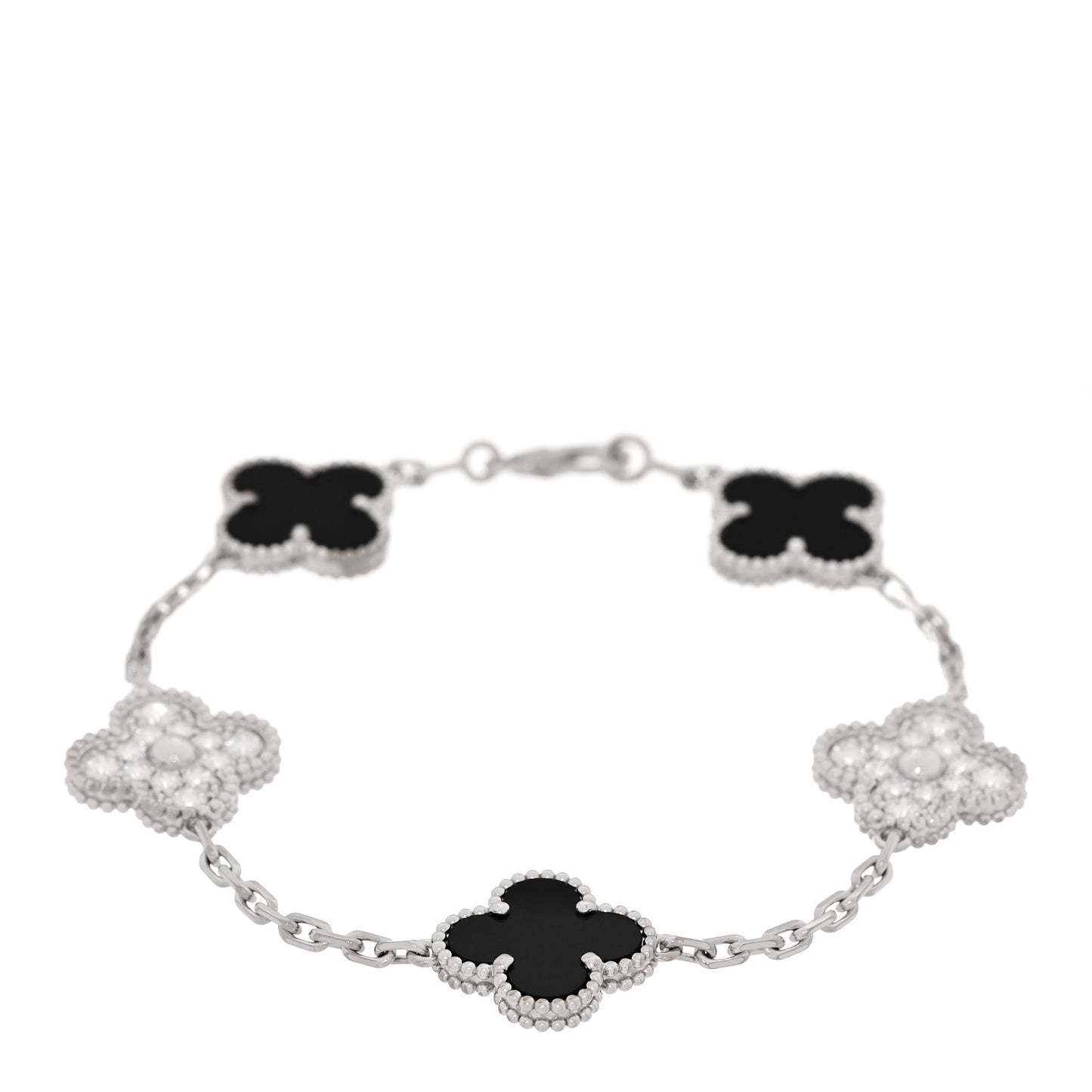 18K White Gold Diamond Black Onyx 5 Motifs Vintage Alhambra Bracelet