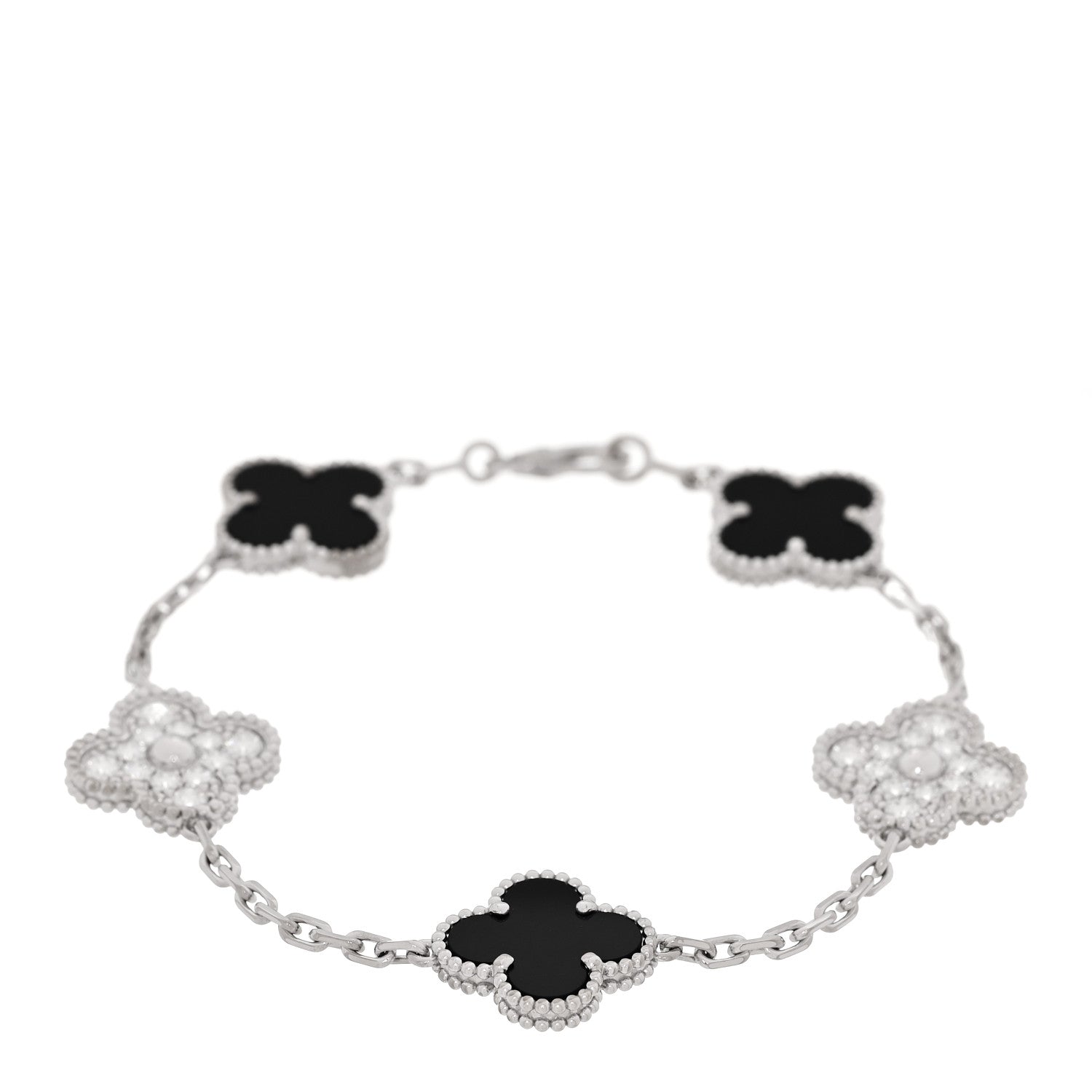 Van Cleef & Arpels 18K White Gold Diamond Black Onyx 5 Motifs Vintage Alhambra Bracelet 1 of 5