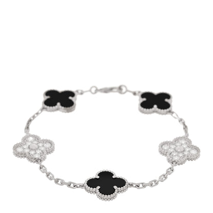 Van Cleef & Arpels 18K White Gold Diamond Black Onyx 5 Motifs Vintage Alhambra Bracelet 1 of 5