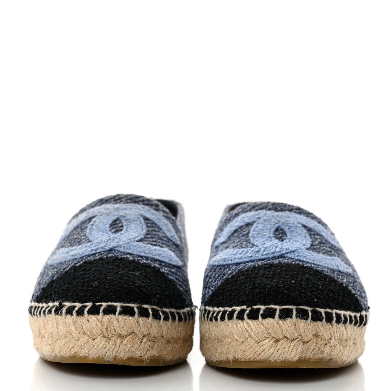 Chanel Cotton Tweed CC Espadrilles 38 Blue Ecru Black 2 of 9