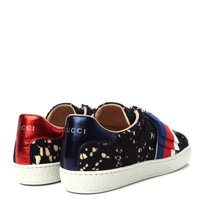 Gucci Lace Crystal Sylvie Web Flower Leaf Womens Ace Sneakers 36 Black Tan Beige 4 of 12