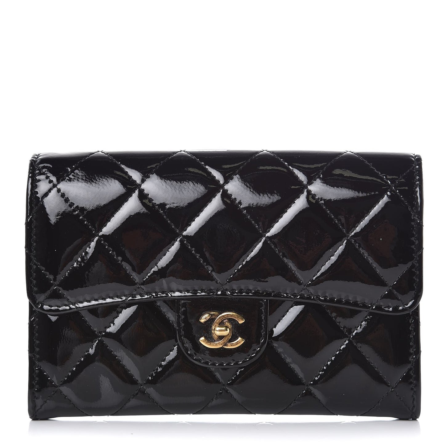 Patent Calfskin Quilted Small Flap Wallet Black
