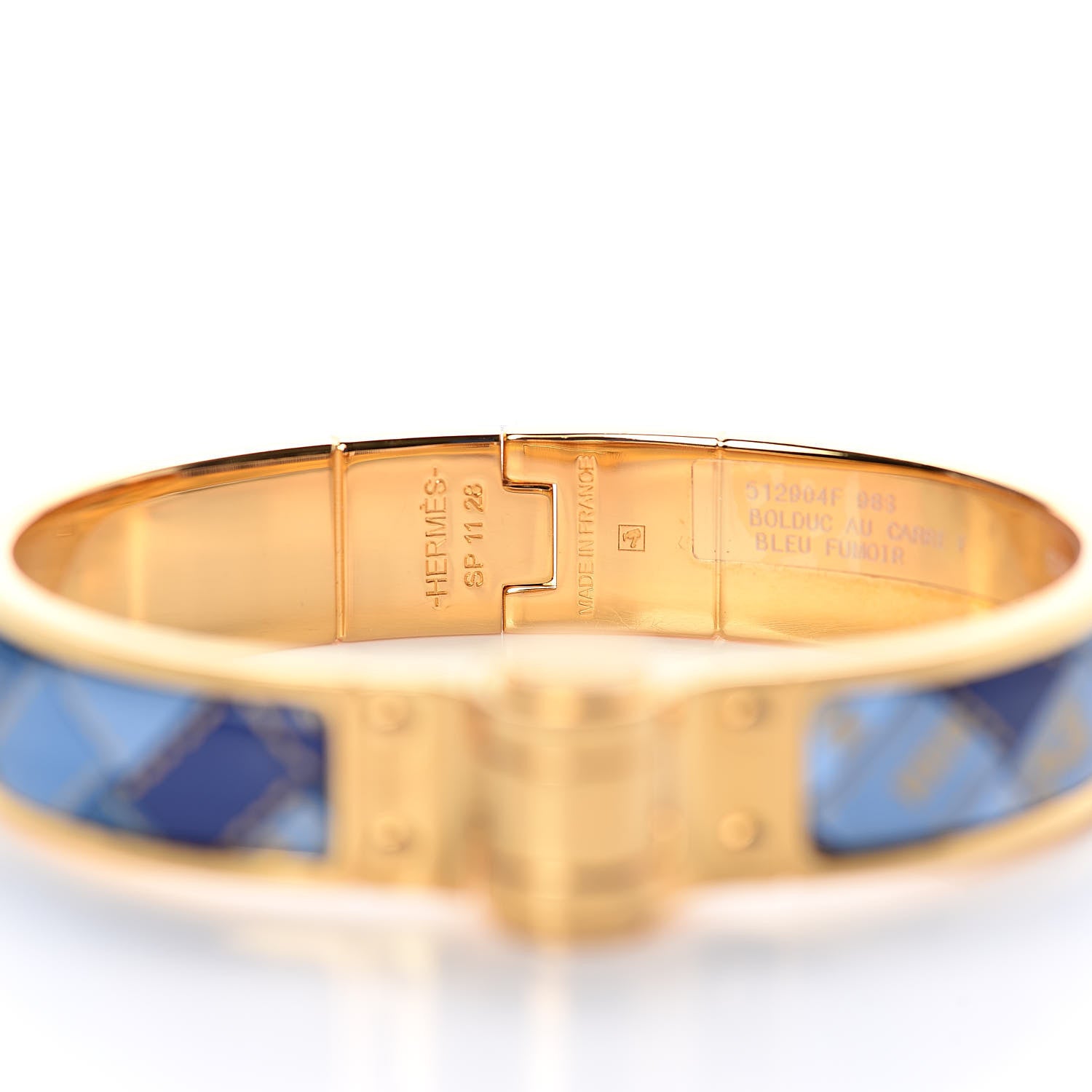 Hermes Enamel Printed Narrow Bolduc Au Carre Hinged Bracelet S Bleu Fumoir 5 of 5