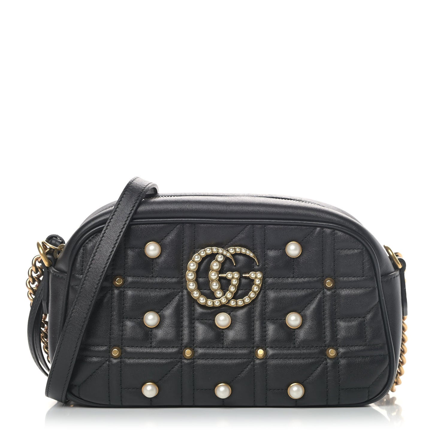 Calfskin Matelasse Studded Small Pearly GG Marmont Chain Shoulder Bag Black