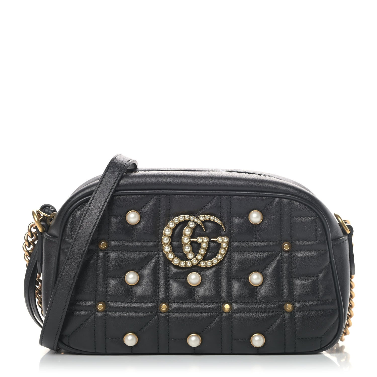 Gucci Calfskin Matelasse Studded Small Pearly GG Marmont Chain Shoulder Bag Black 1 of 4