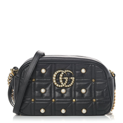 Gucci Calfskin Matelasse Studded Small Pearly GG Marmont Chain Shoulder Bag Black 1 of 4