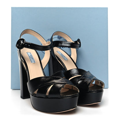 Prada Vernice Saffiano Embossed Crisscross 125mm Platform Sandals 39 Black 8 of 8