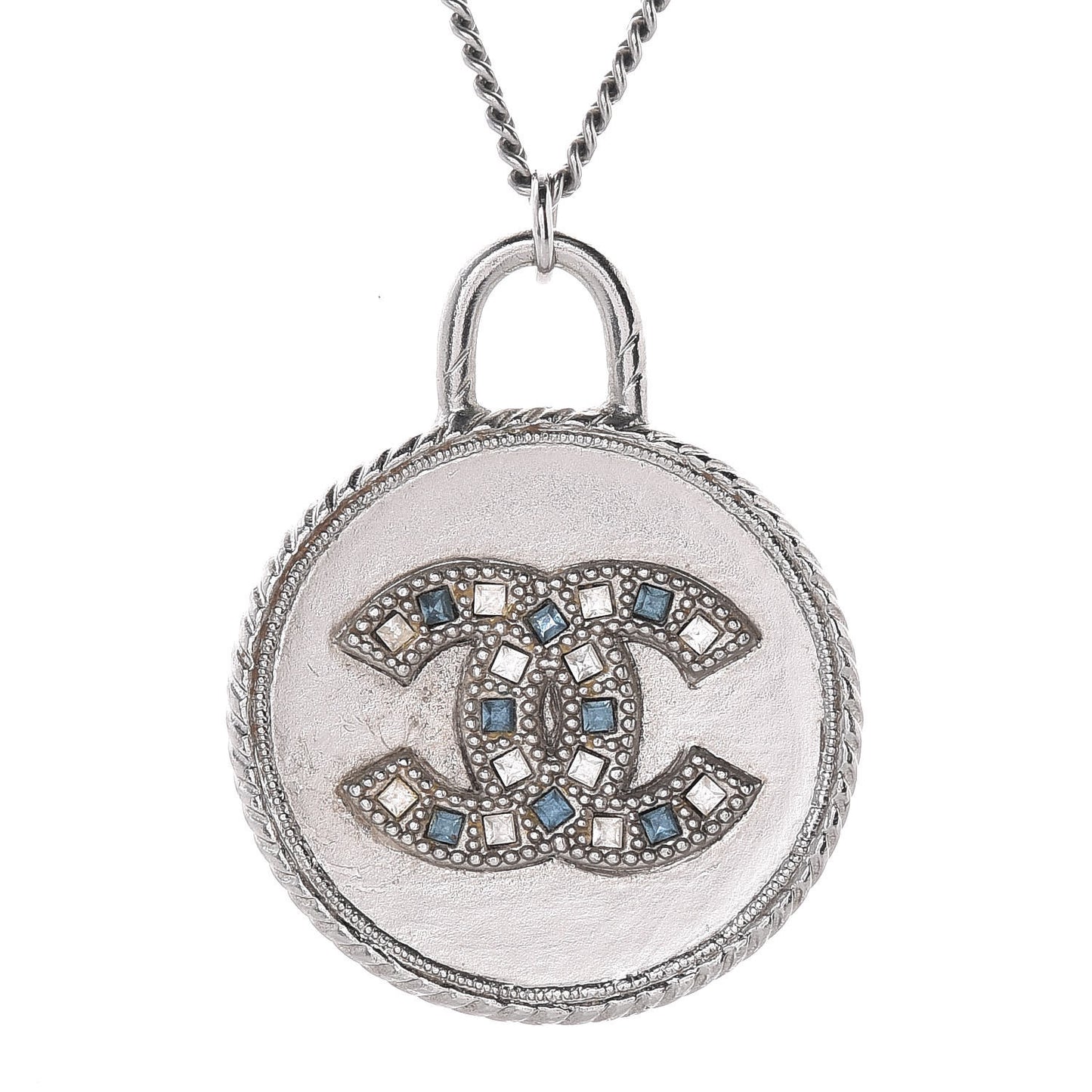 Crystal CC Medallion Necklace Silver Light Blue