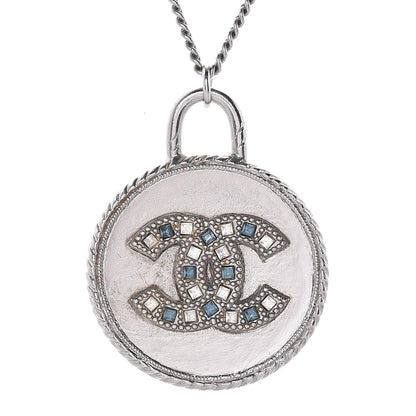 Chanel Crystal CC Medallion Necklace Silver Light Blue 5 of 7
