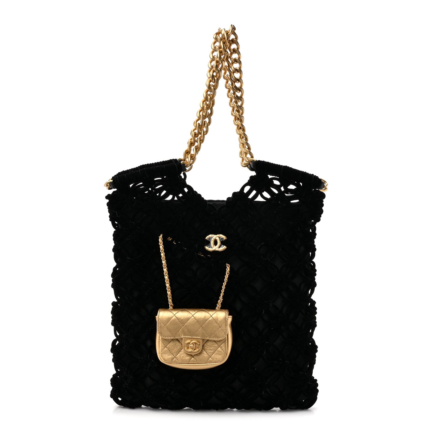 Braided Velvet Metallic Lambskin Precious Net Tote Black