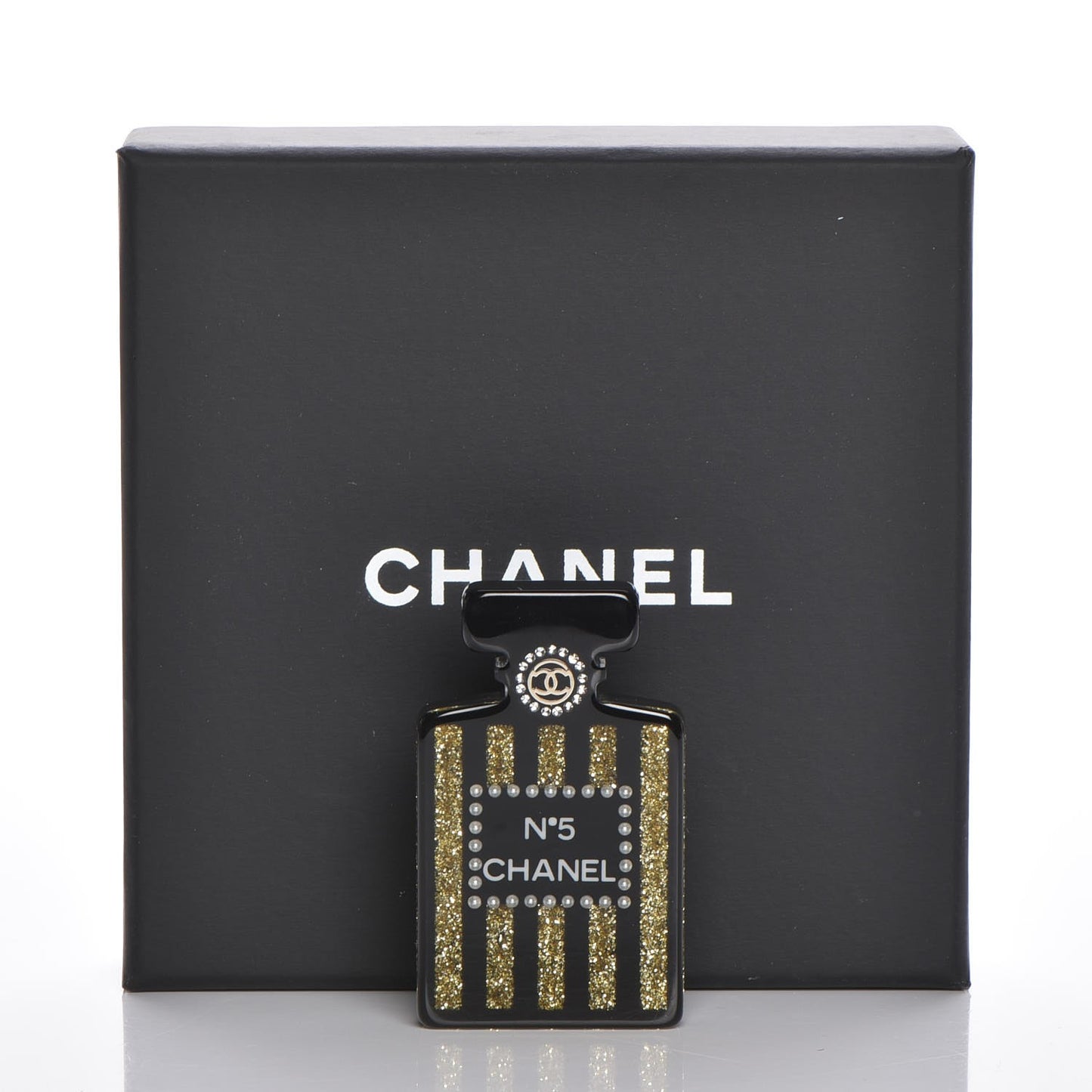 Resin Strass Perfume Bottle CC Brooch Black Gold