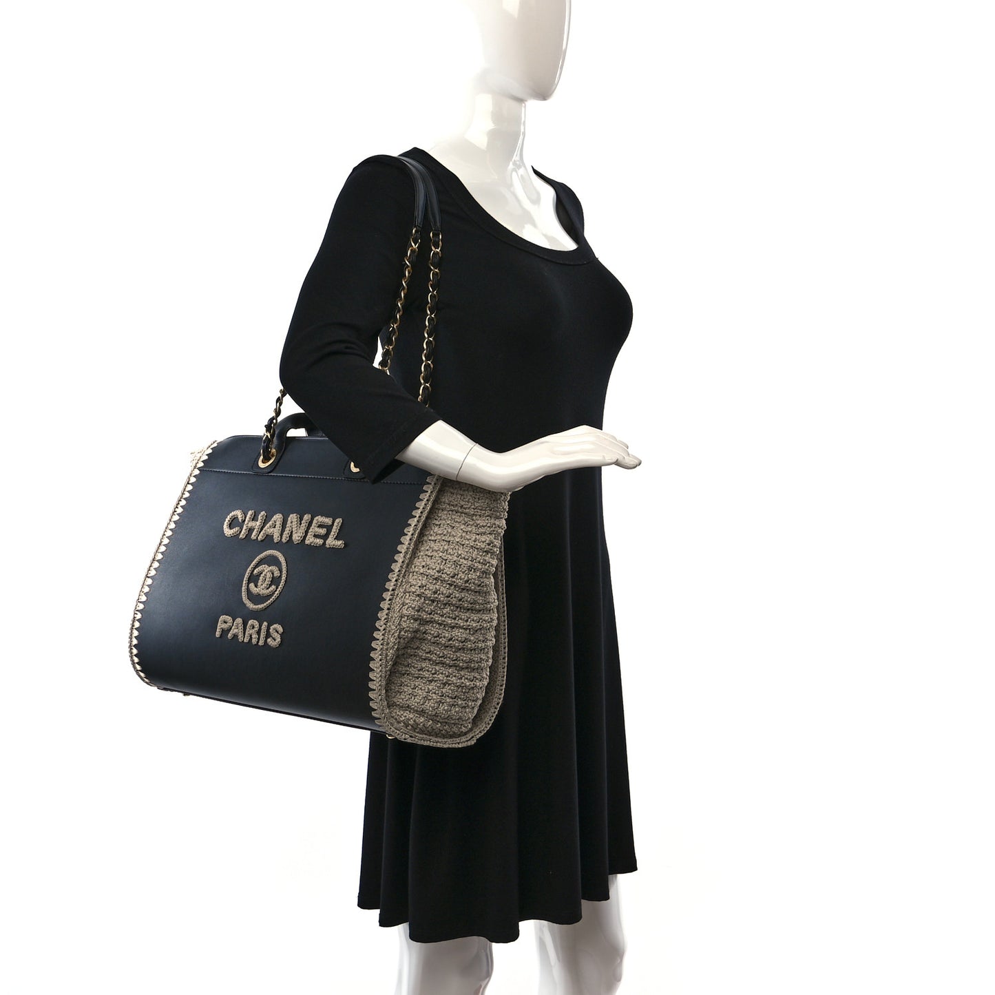 Calfskin Knit Medium Deauville Tote Black Beige