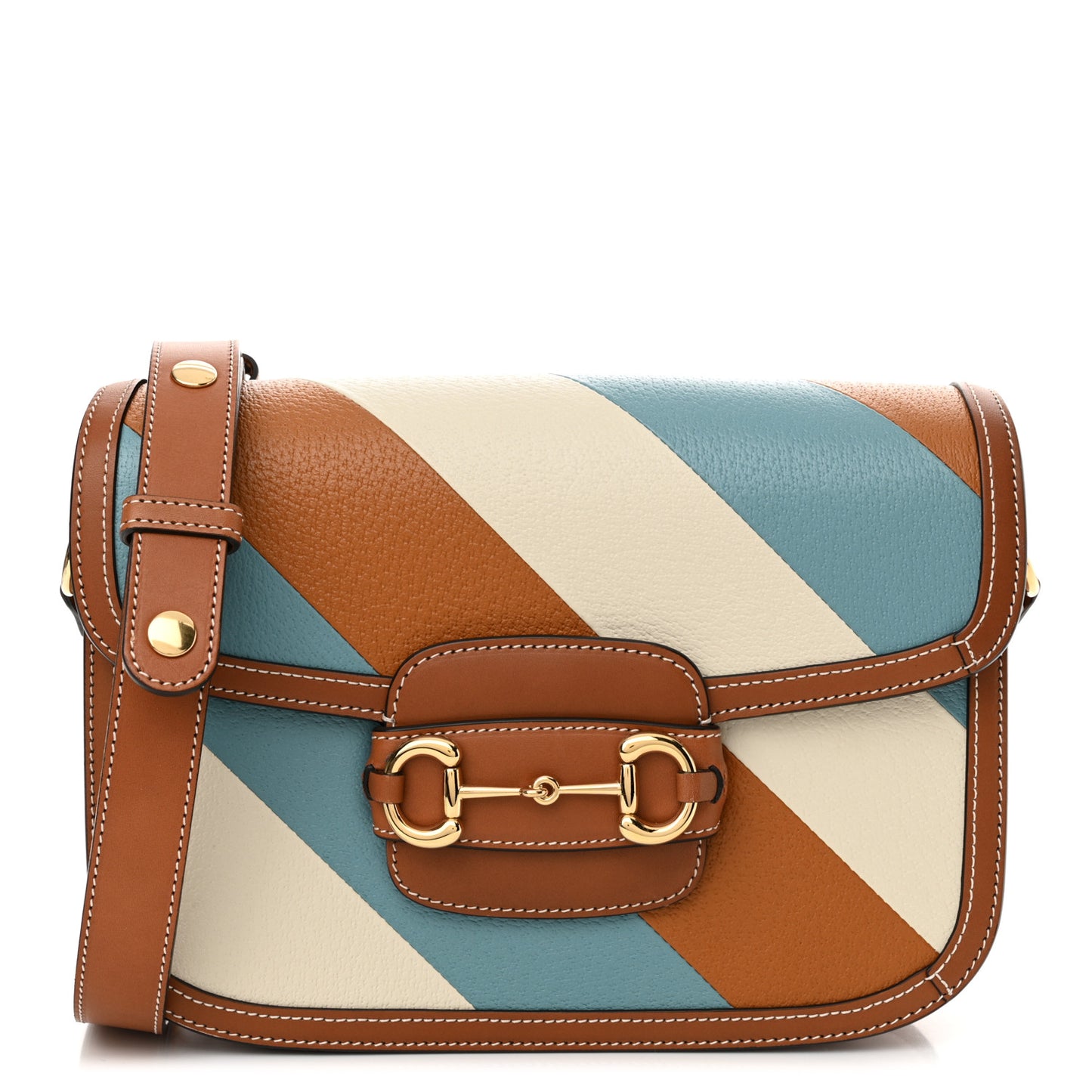 X DANS LE VERT Textured Dollar Calfskin Horsebit 1955 Shoulder Bag Dusty Azure Harness Brown Mystic White