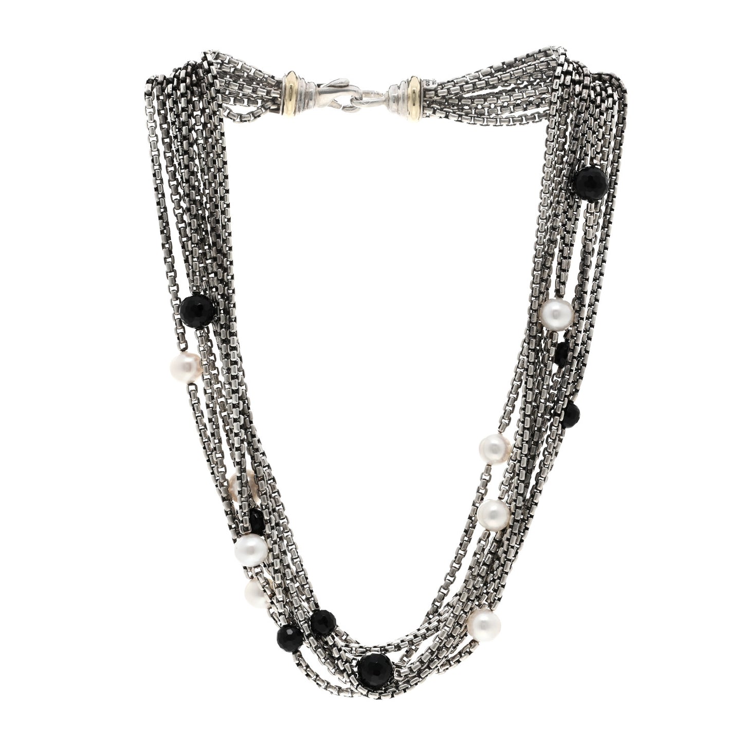 Sterling Silver 18K Yellow Gold Pearl Black Onyx Multi Strand Necklace