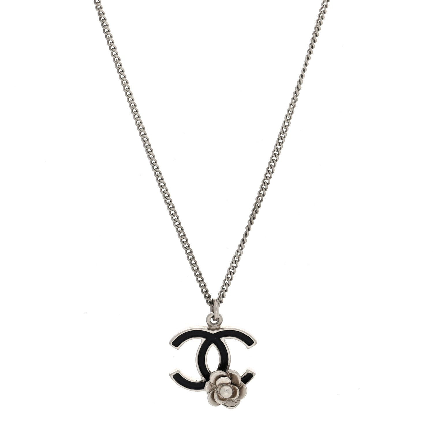 Chanel Enamel CC Camelia Necklace Silver Black 1 of 5