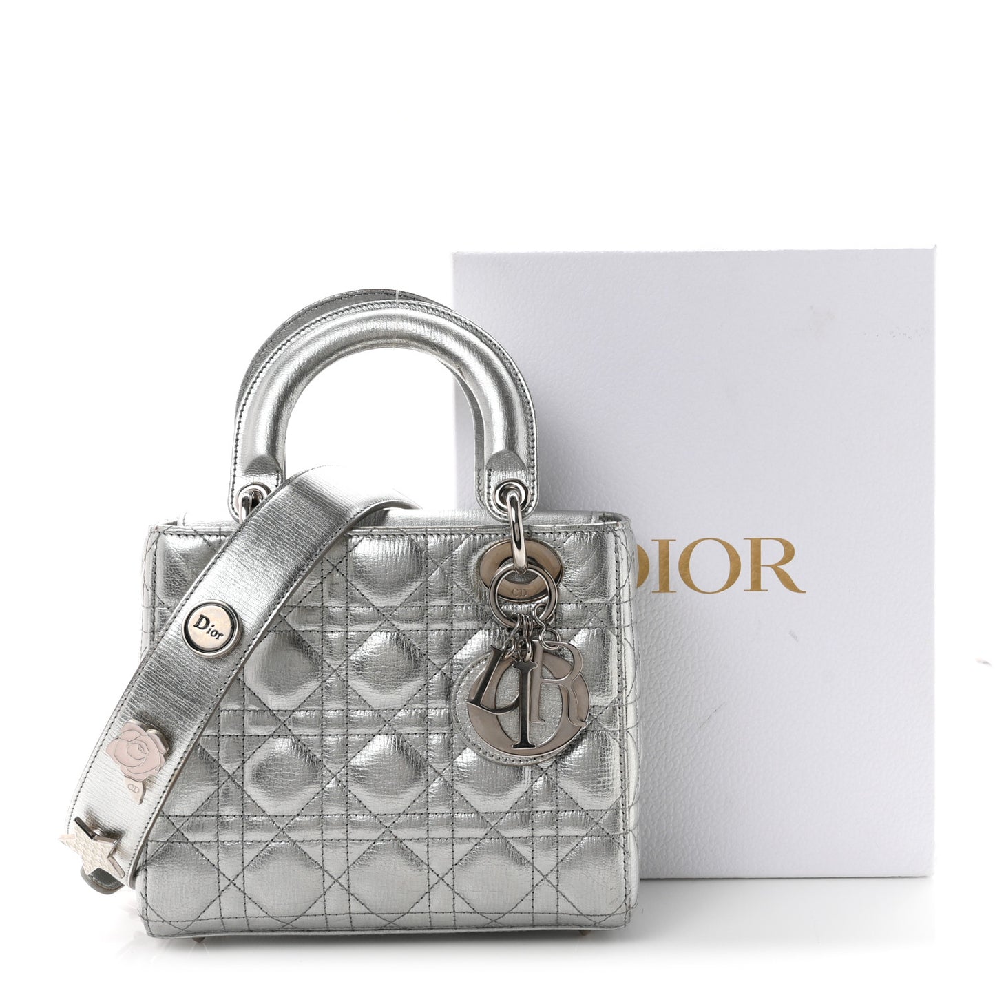 Metallic Grained Calfskin Cannage Small Lucky Badges My Lady Dior Silver