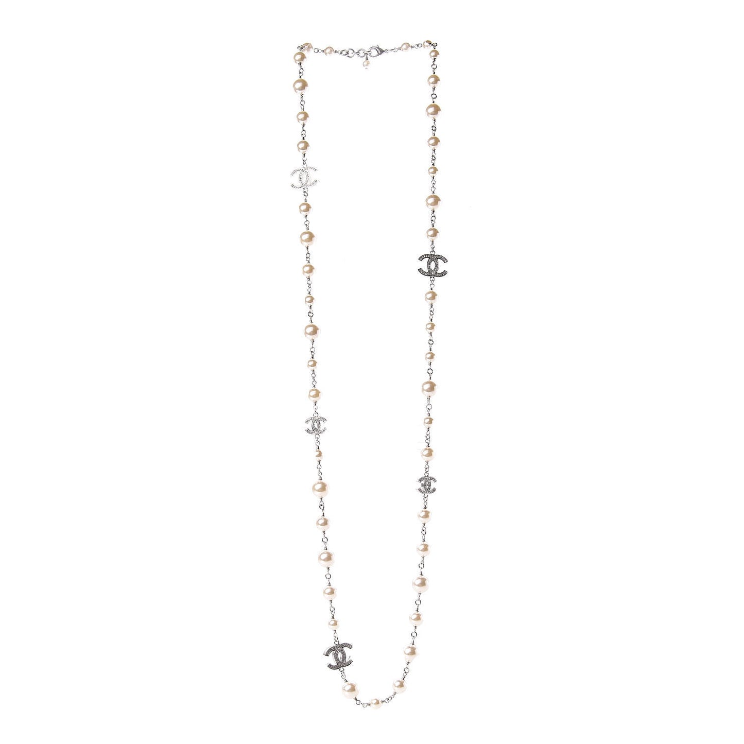 Graduated Pearl Crystal CC Long Necklace Silver Pearly White