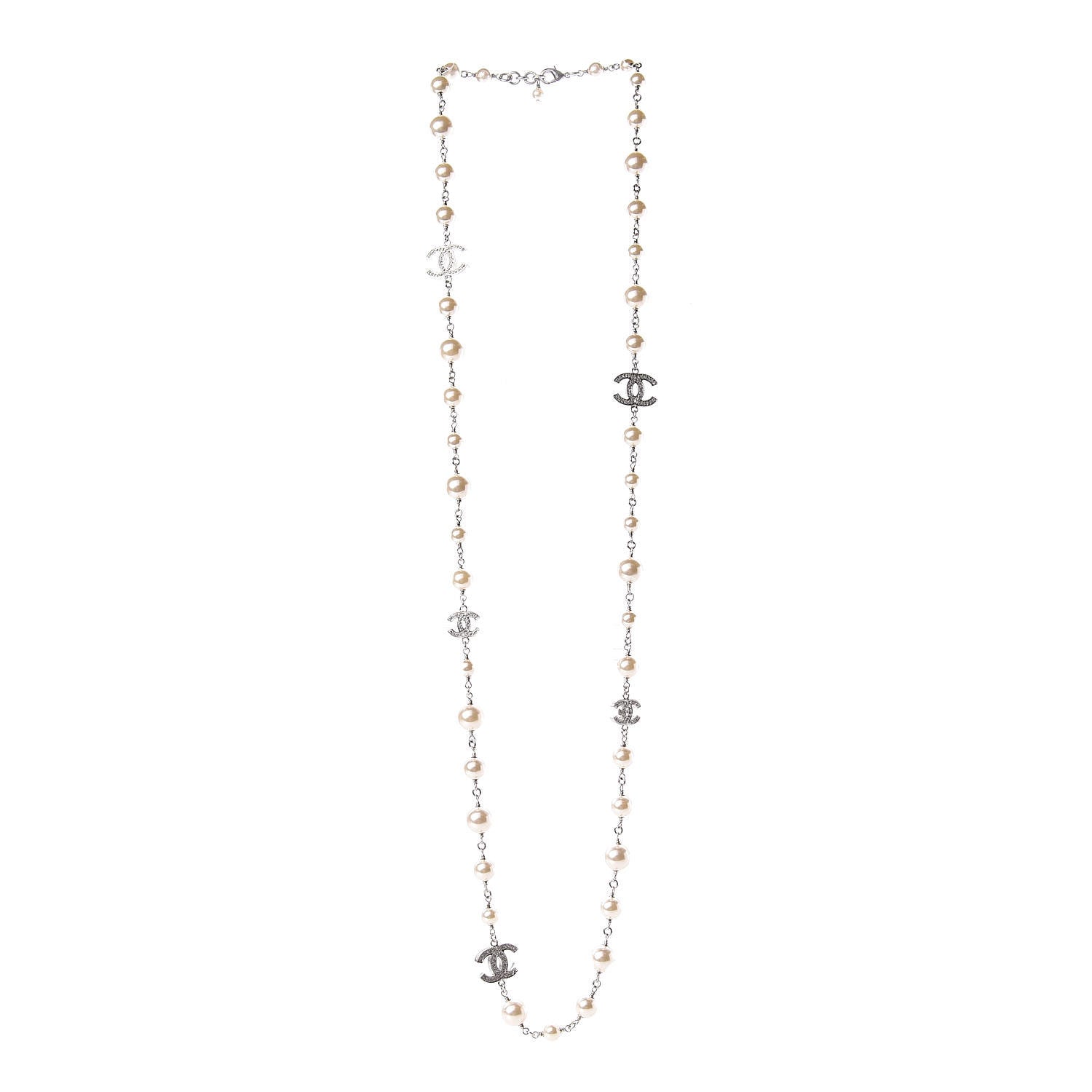 Chanel Graduated Pearl Crystal CC Long Necklace Silver Pearly White 3 of 7