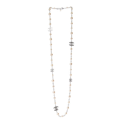 Chanel Graduated Pearl Crystal CC Long Necklace Silver Pearly White 3 of 7