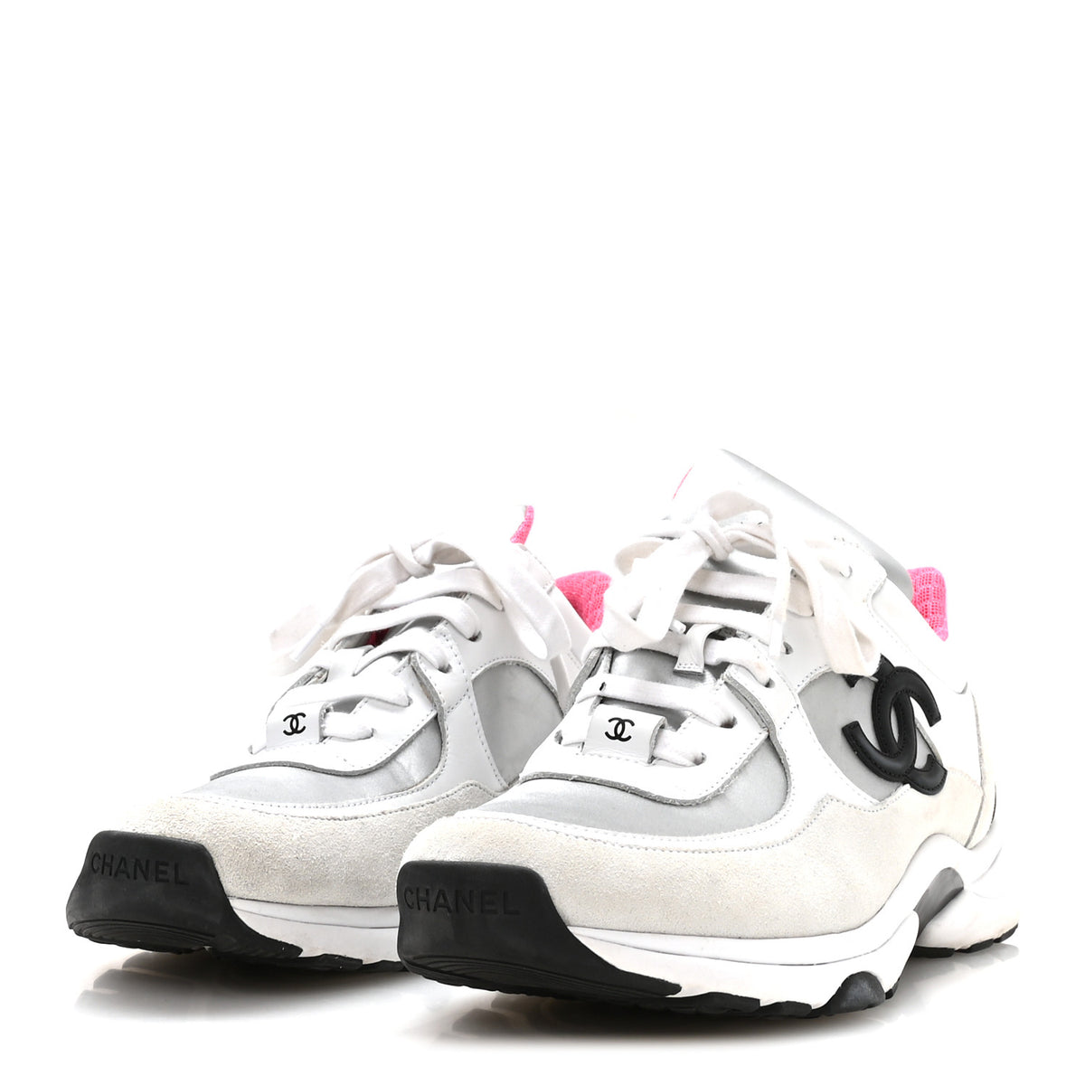 Calfskin Fabric Sneakers 37.5 White Silver Fluo Pink