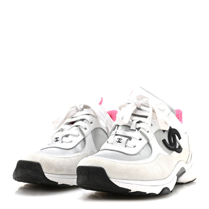 Chanel Calfskin Fabric Sneakers 37.5 White Silver Fluo Pink 4 of 7
