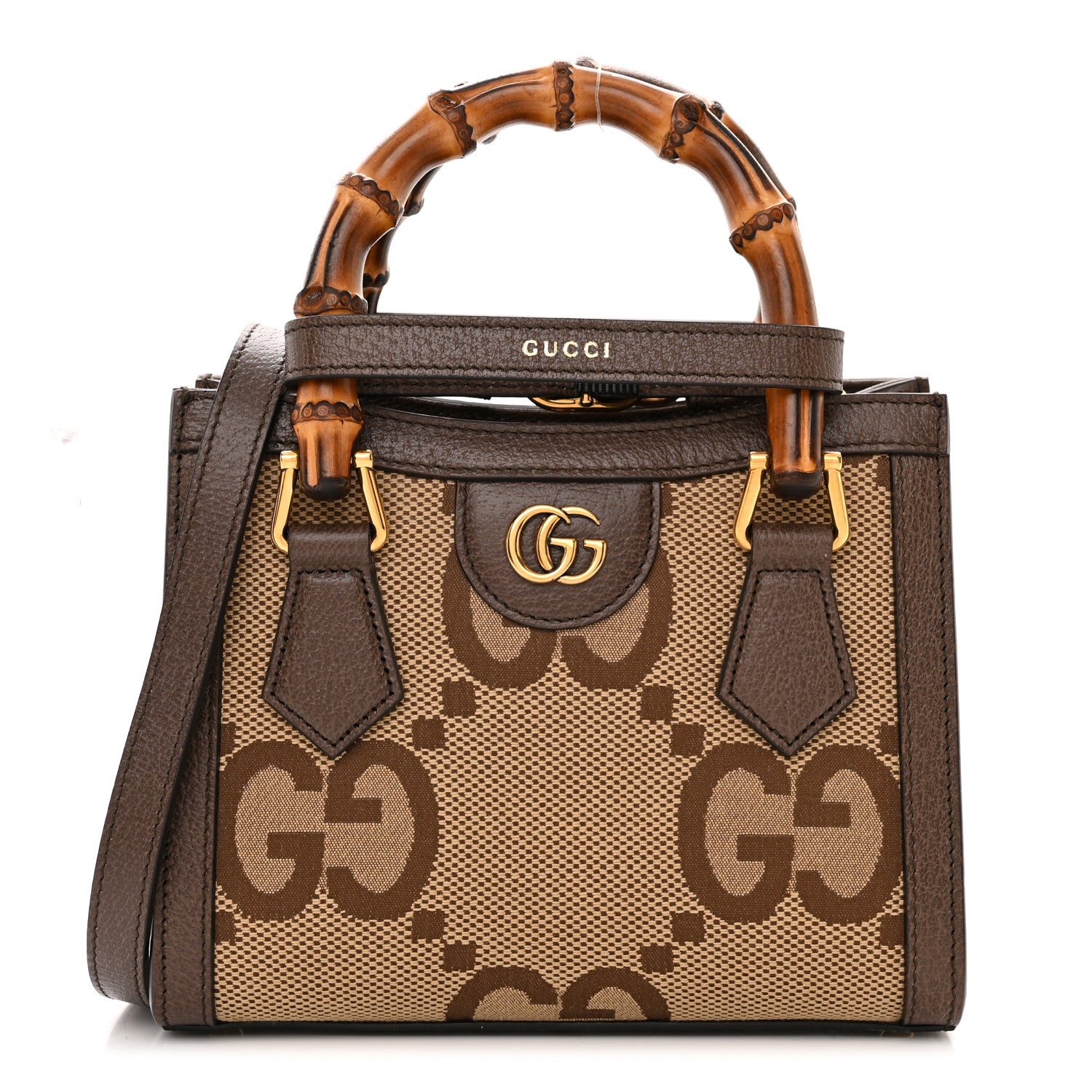 Gucci Monogram Jumbo GG Textured Dollar Calfskin Mini Diana Tote Bag Camel Ebony New Acero 1 of 10